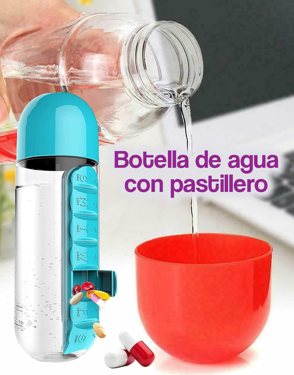 Botella de agua con pastillero