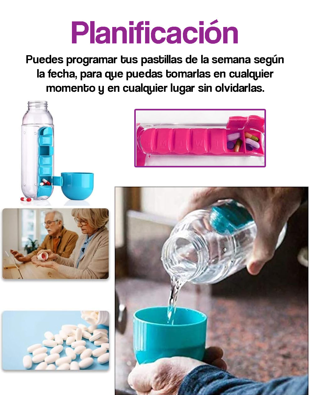 Botella de agua con pastillero