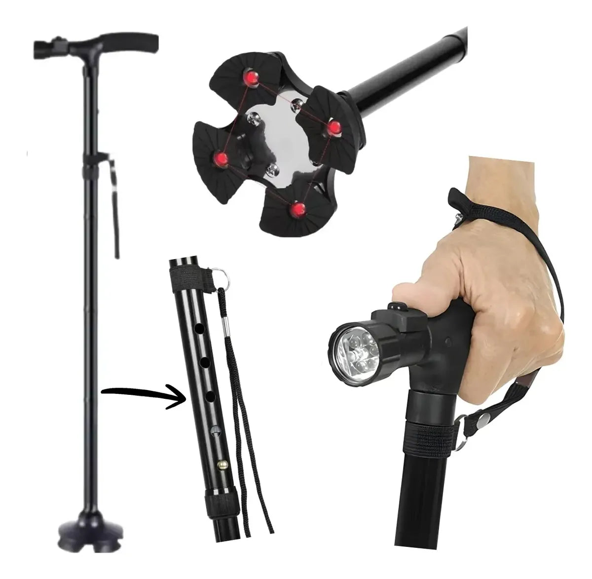 Baston Plegable Aluminio 4 Puntas Luz Led Linterna