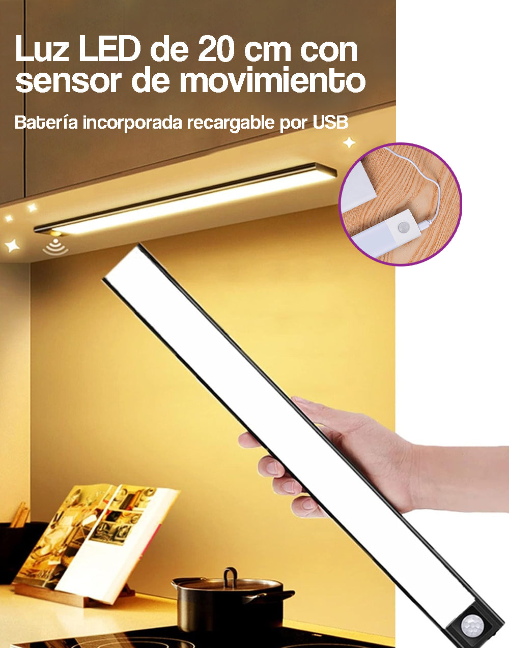 Luz LED de 20 cm con sensor de movimiento